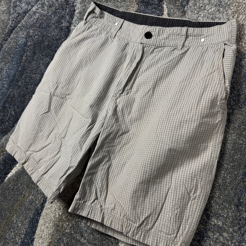 Hinano Tahiti Surf Shorts Mens 36 Grey Grid Embroidered Logo Beach Casual Summer